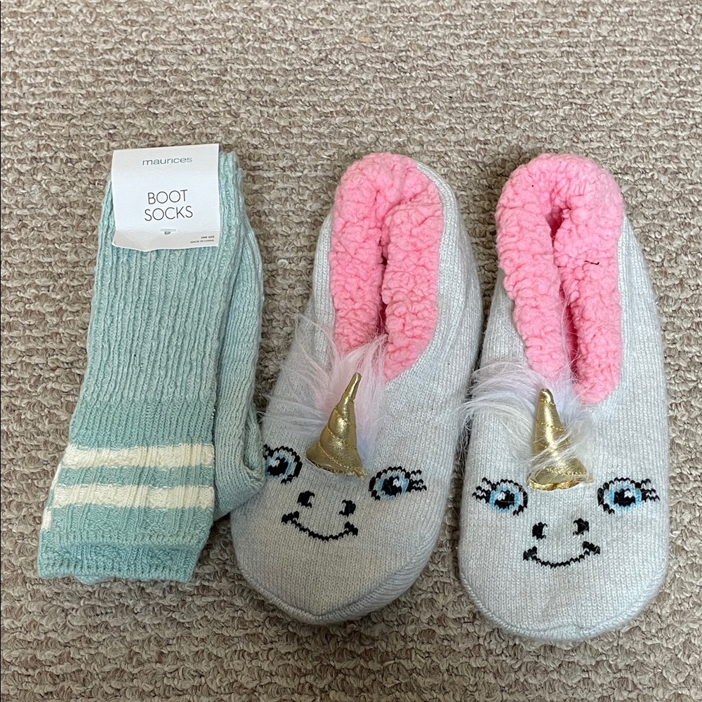 One Maurices brand boot socks and Unicorn Slippers